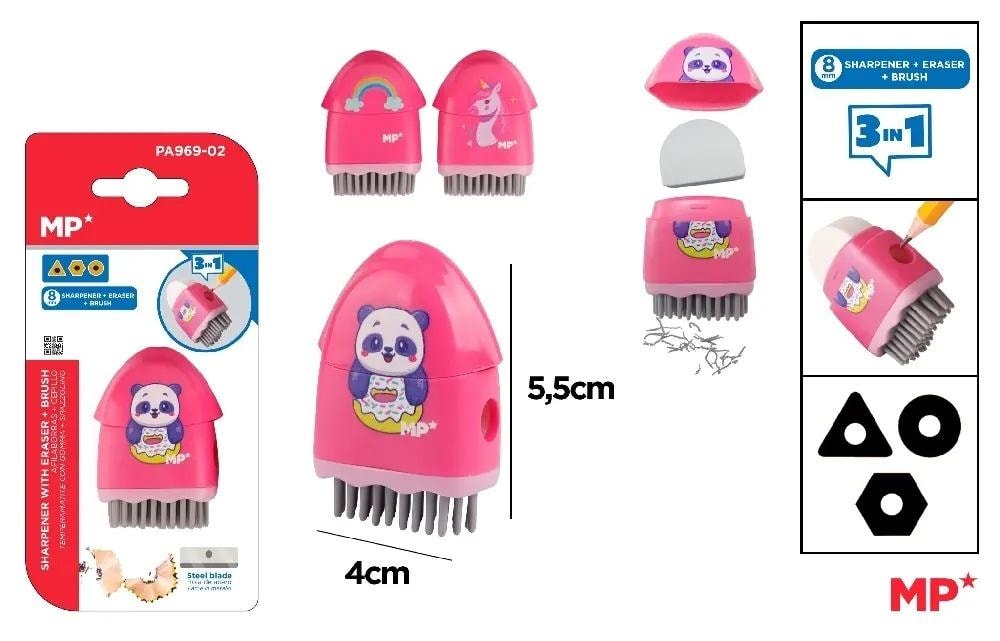 Pencil sharpener with panda eraser MIX - Cute and practical