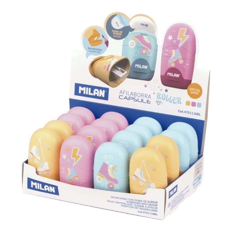 MILAN Sharpener with eraser Capsule Roller - 16 pieces ideal for school
