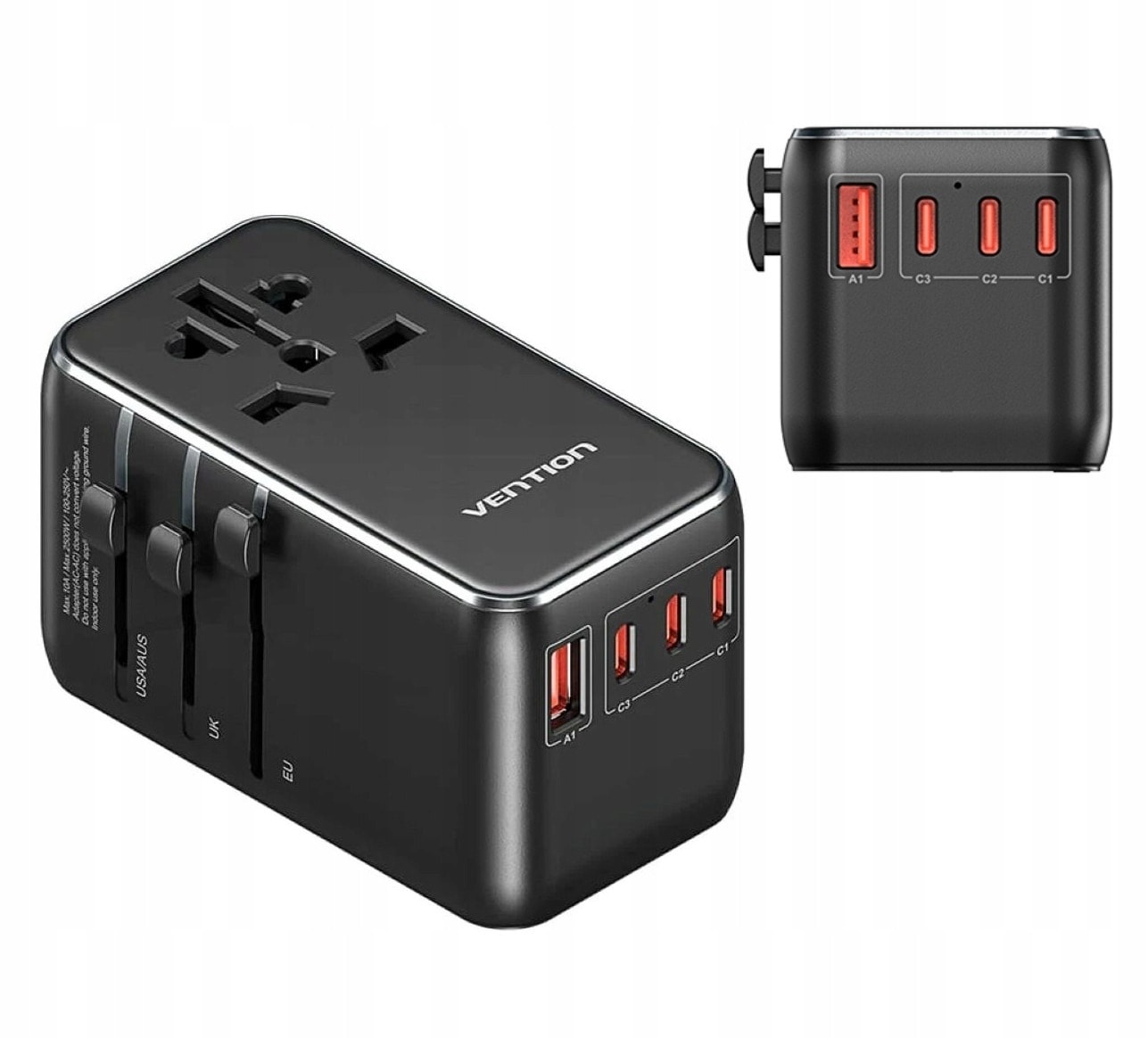 Vention Universal Travel Adapter 100W GaN - black, perfect for any trip