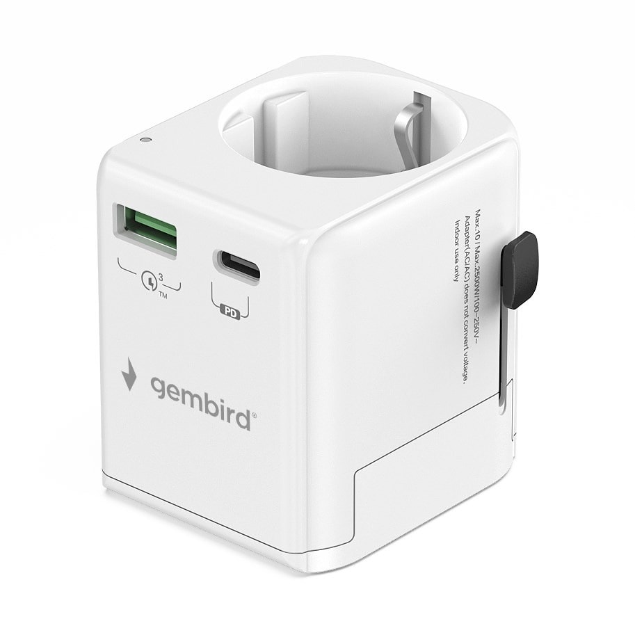 Gembird Universal Travel Adapter with Grounding 20 W, white - perfect for any trip