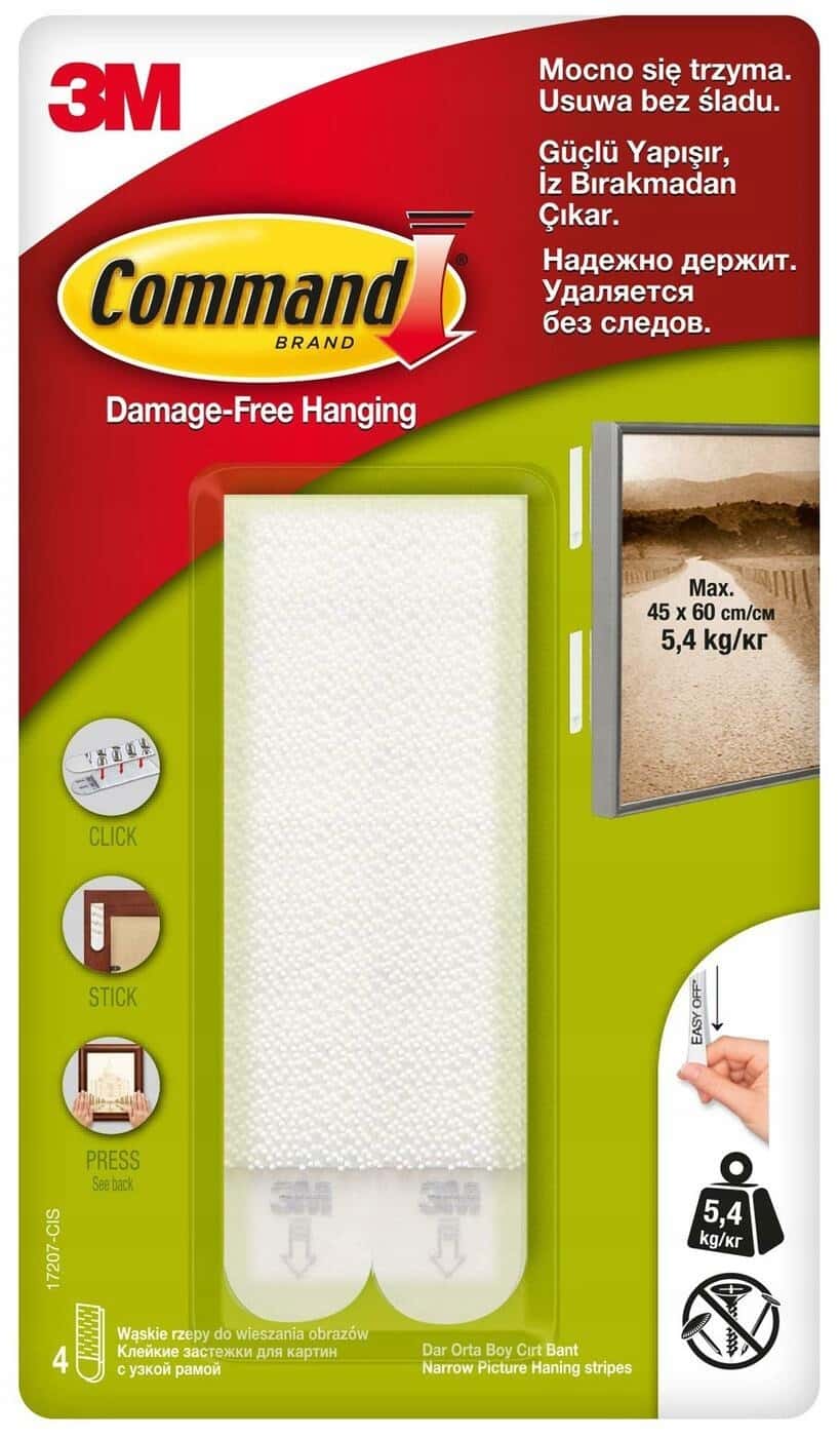 Narrow hook and loop fasteners for pictures - easy mounting without drilling