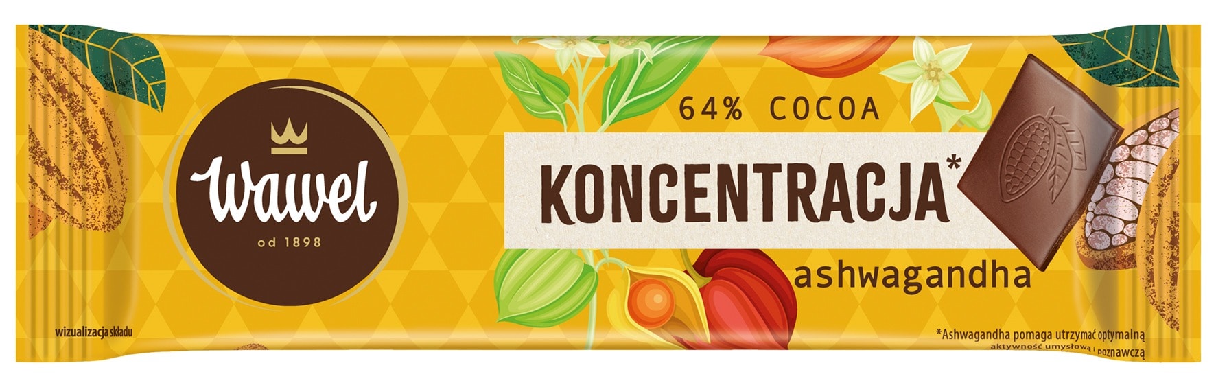 Wawel Dark Chocolate 64% with Ashwagandha 20 g - perfect snack