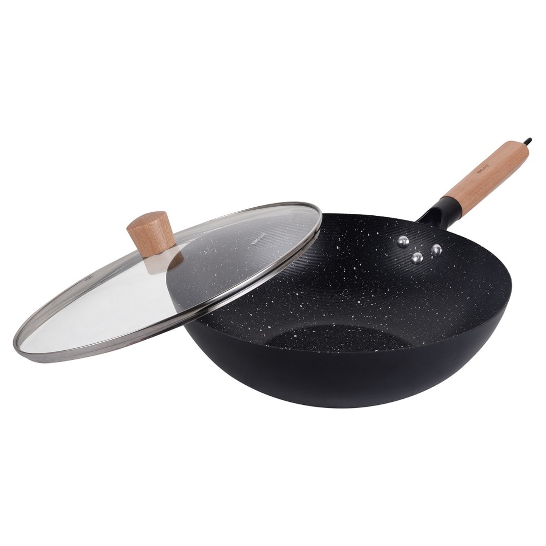 KINGHoff Wok with lid 30 cm - carbon steel, marble coating
