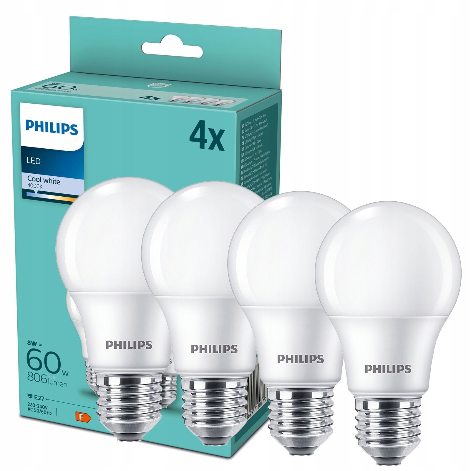 Philips LED Bulbs E27 8W - 4 pieces energy-saving