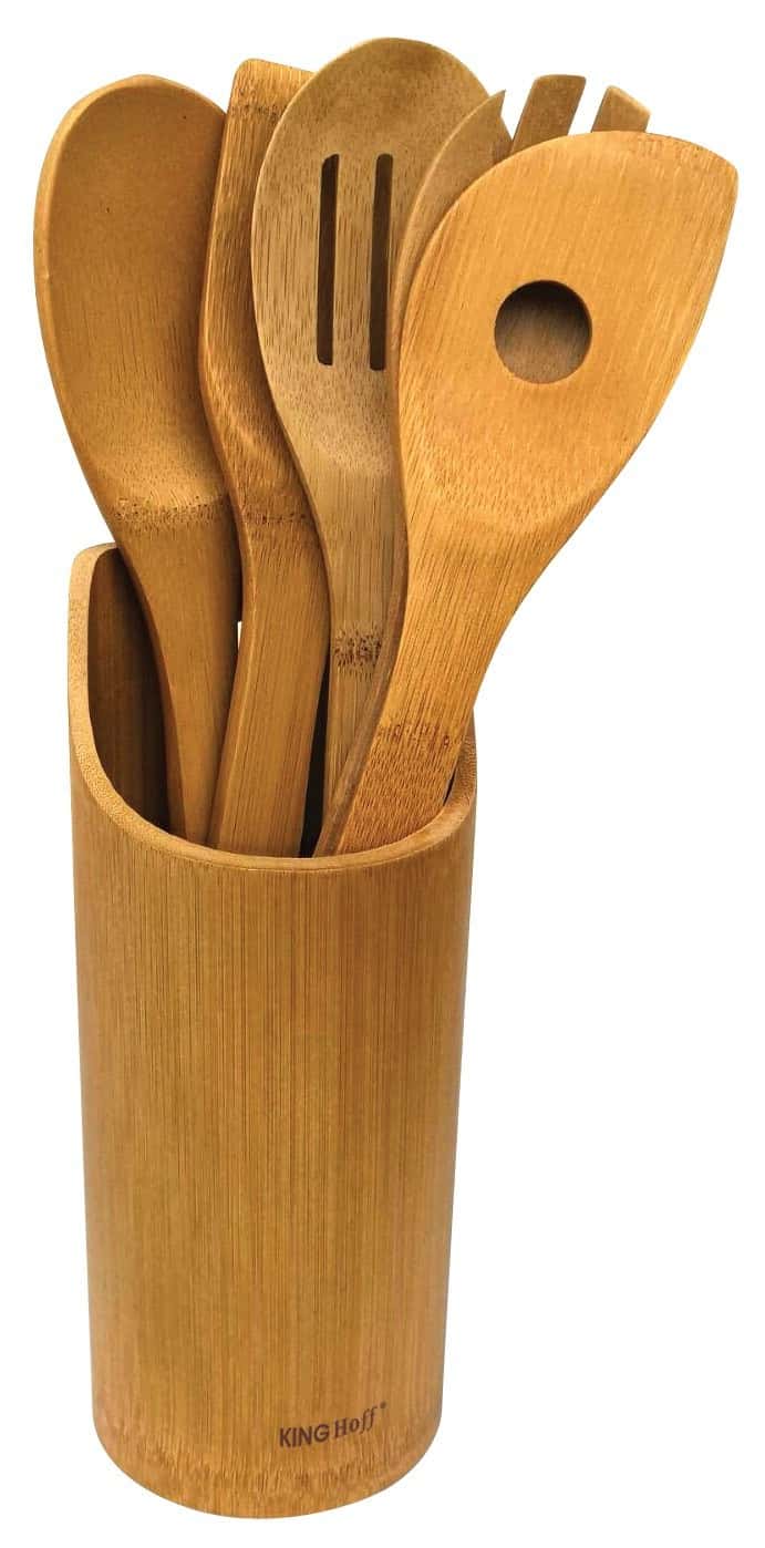 Kinghoff 6-piece wooden kitchen utensil set with container - perfect for any kitchen
