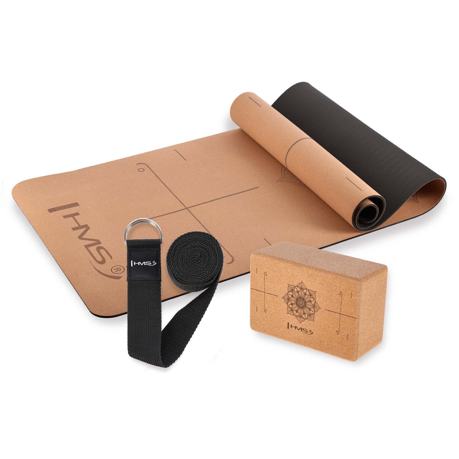 HMS Yoga Set: Cork Mat, Block and Strap - for harmony and relaxation