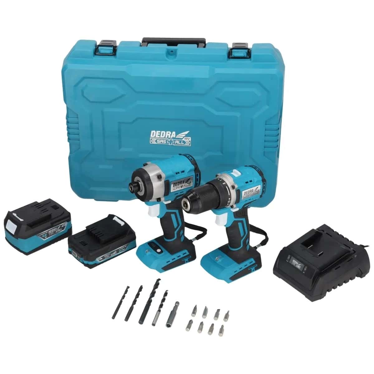 DEDRA Cordless Tool Kit: Drill Driver, Impact Driver, 2 Batteries, Charger and Accessories - essential in every workshop