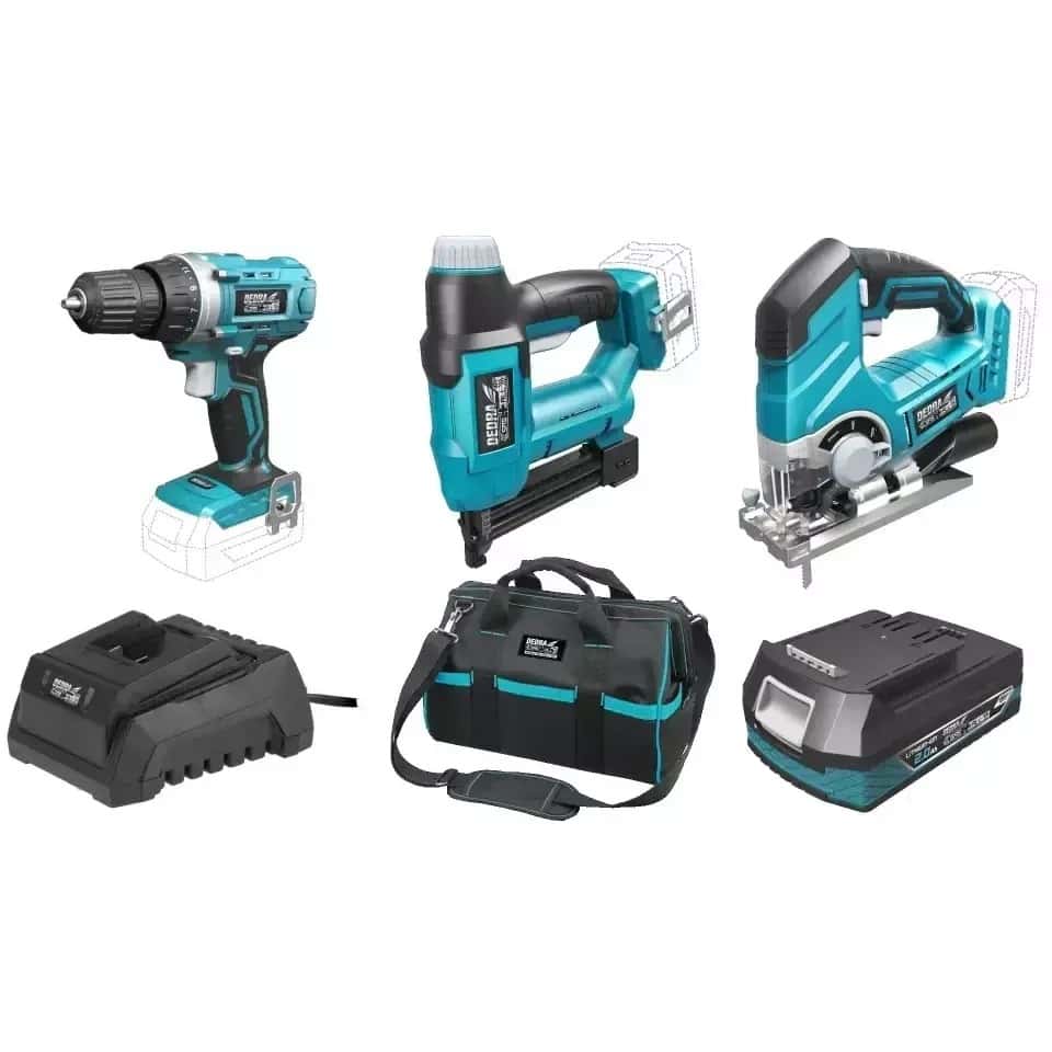 Cordless tool set: drill driver, stapler, jigsaw, battery, charger and bag