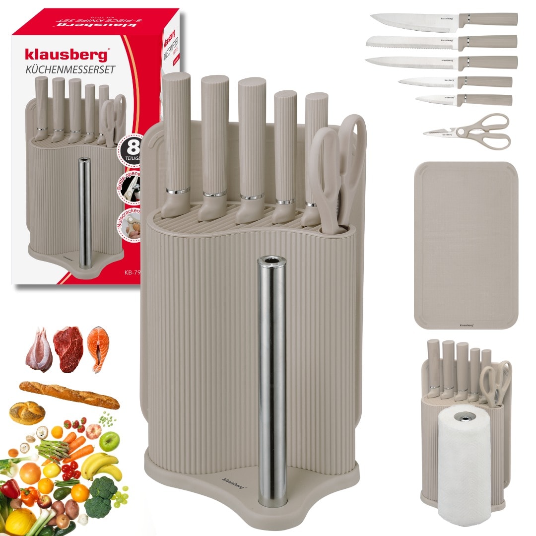 Kitchen Knife Set 8 pieces with cutting board and towel holder Klausberg beige
