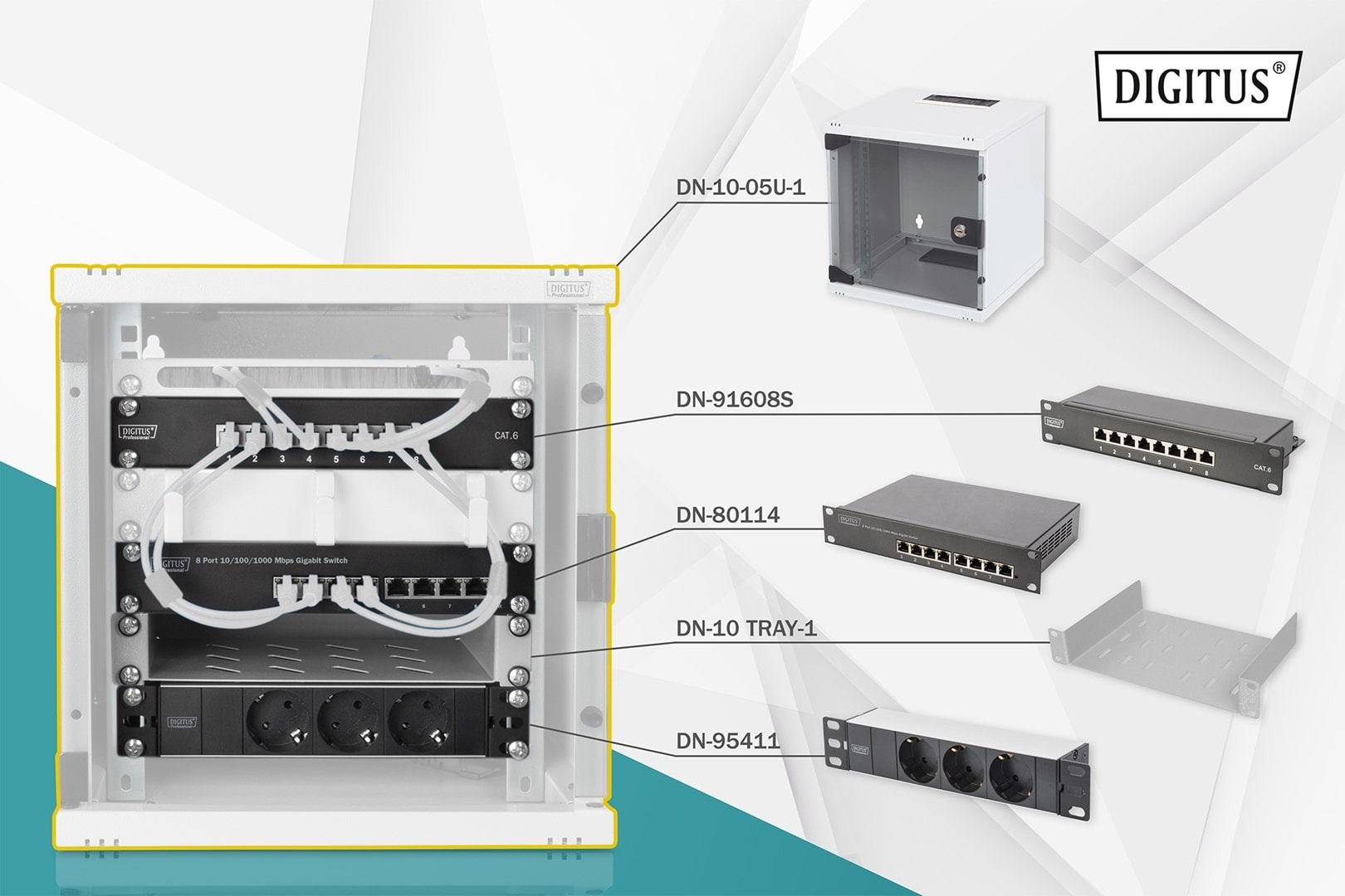 10 inch network set: 6U wall cabinet, shelf, power strip, switch, Cat.6 panel - ideal for the office