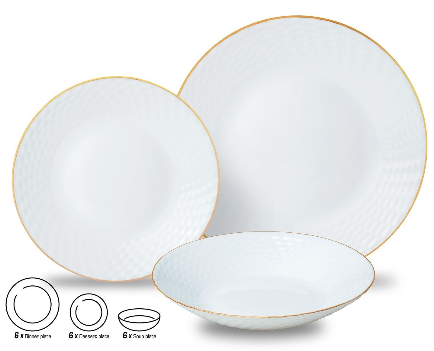 KINGHoff Glass plate set - white with gold decoration, 18 pieces