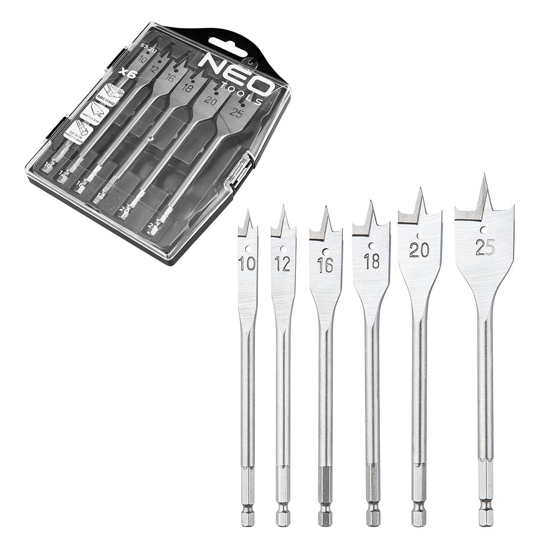 NEO TOOLS Wood spade drill bit set 10-25 mm - 6 pieces